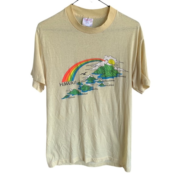 Vintage Tee Shirt Hawaii Islands Adult Yellow 80s Thin Lightweight Rainbow